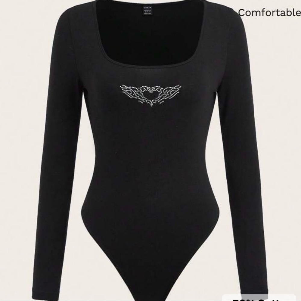 SHEIN Black Long Sleeve Bodysuit with Embellished Detail